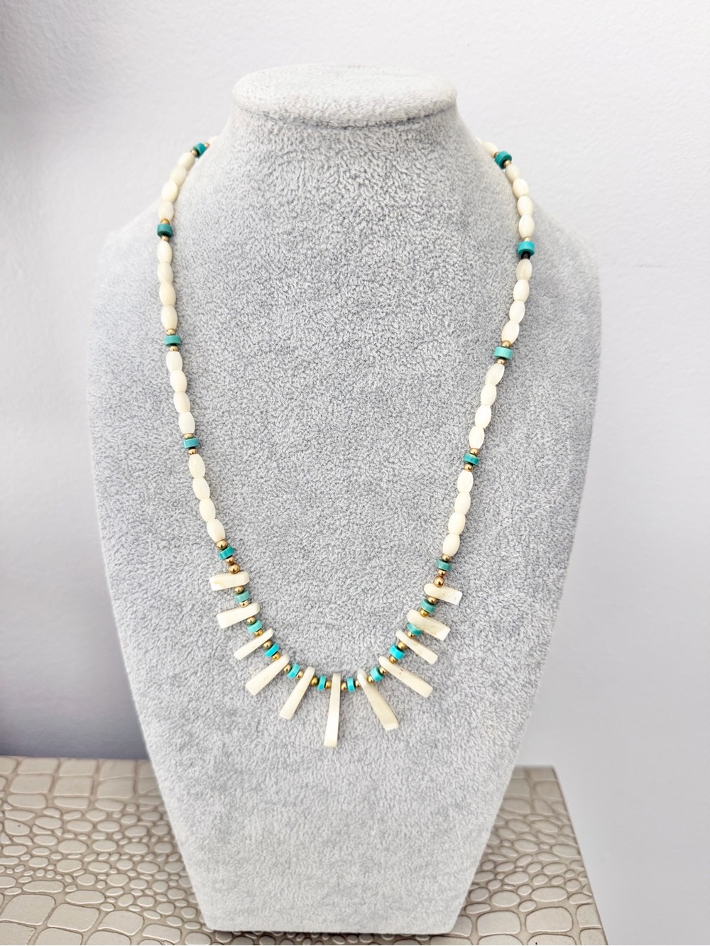 Vintage Southwestern Necklace Gold Filled Mother of Pearl Fringe & Turquoise
